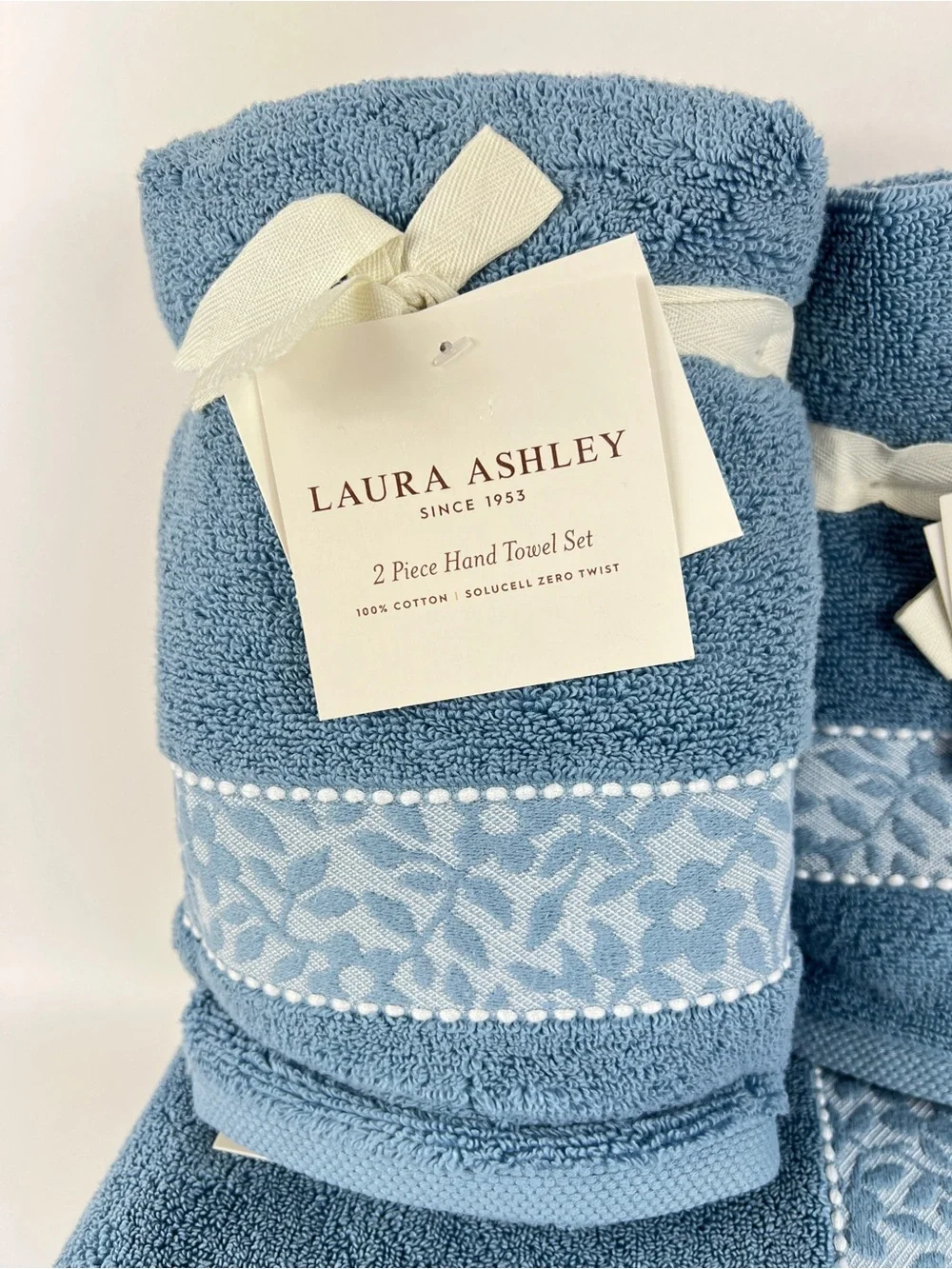 Laura Ashley Bath Towel Set MILLIE Blue with Leaf Trim 100% Cotton 6 Pc NEW